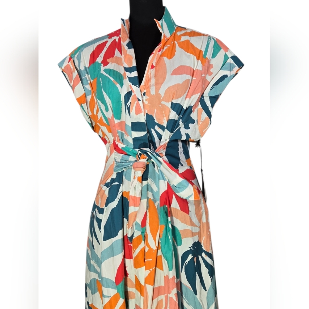 AP.NY Tropical Floral Midi Shirt Dress with Tie Waist - Multicolor - Picture 12 of 14